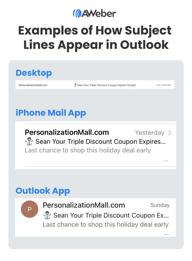 Subject line characters example shown on different platforms